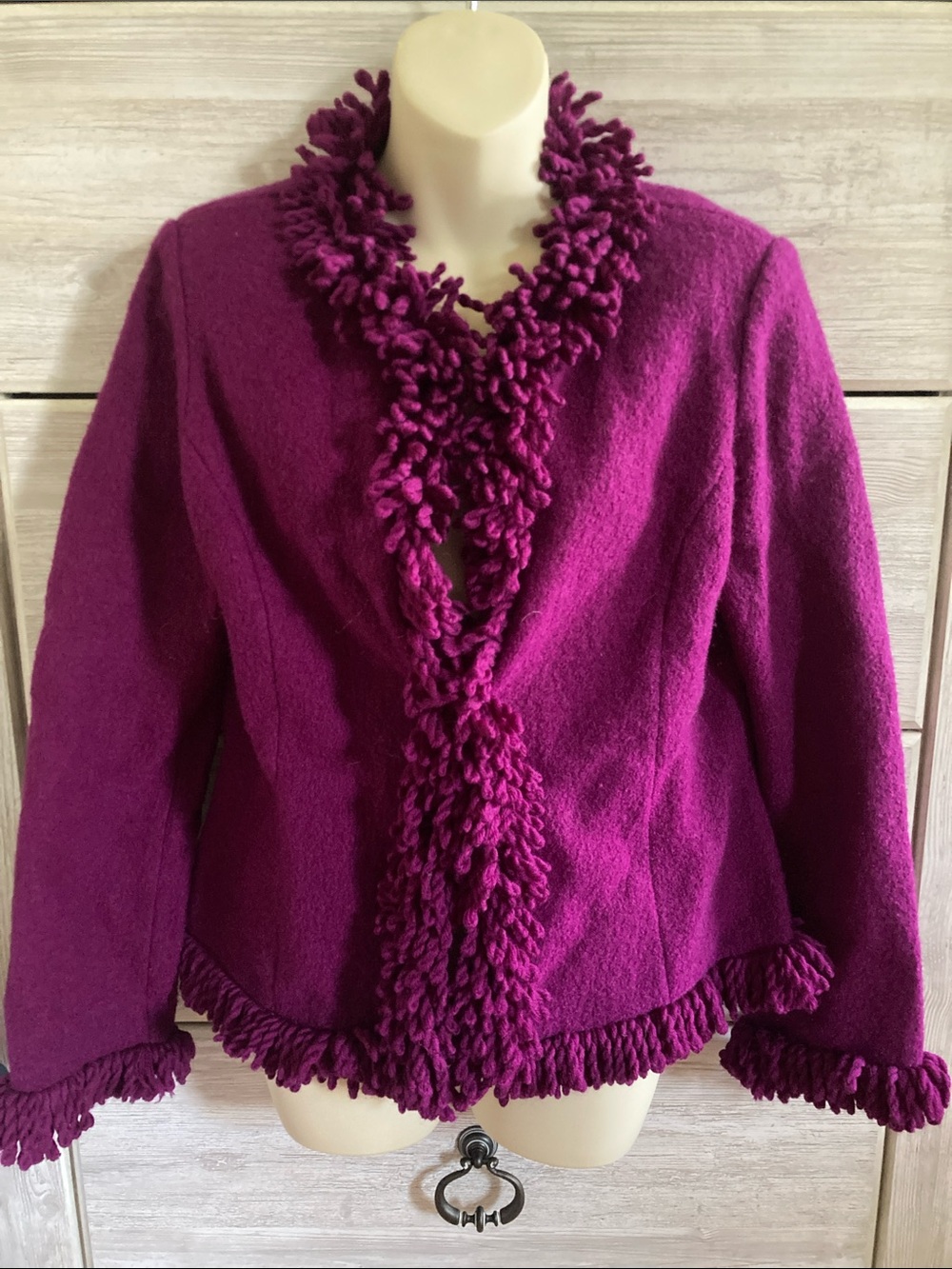 REVUE Magneta Purple Boiled Wool Fringe Shawl Collar Blazer Women’s Size M